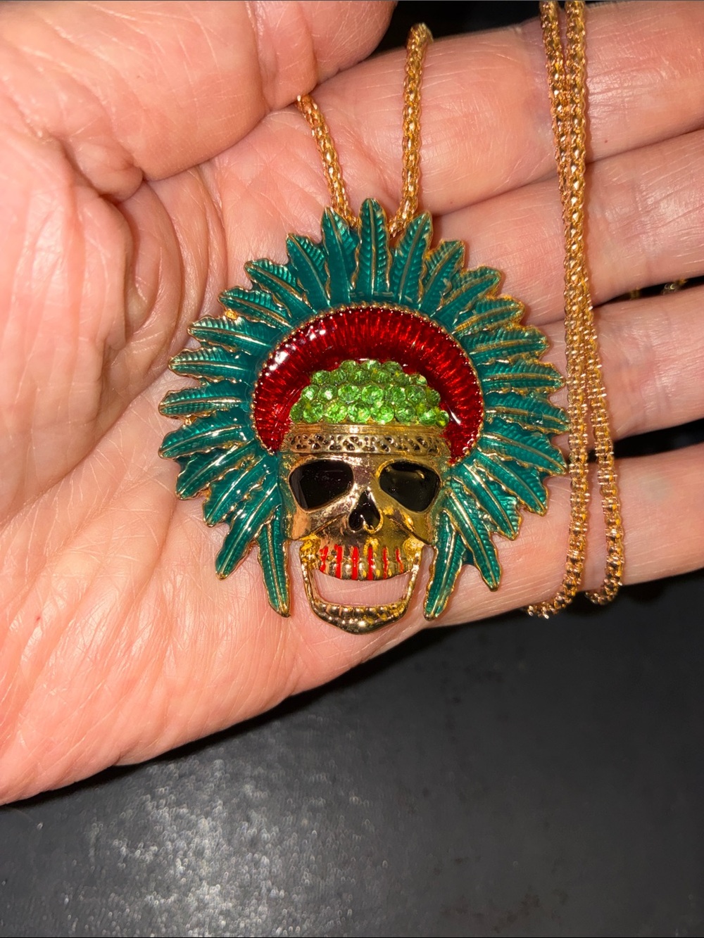 Gold Skull Headdress Pendant Necklace in Green and Red